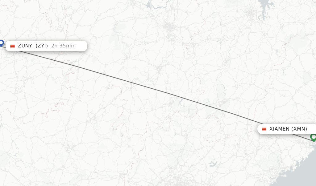 Flights from Xiamen to Zunyi route map