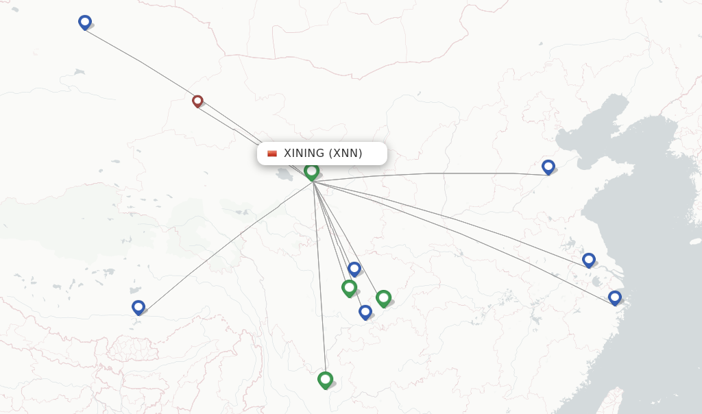 Route map with flights from Xining with Sichuan Airlines