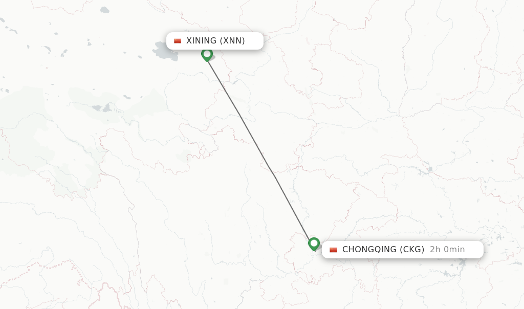 Flights from Xining to Chongqing route map