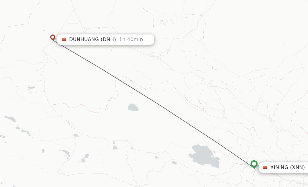 Flights from Xining to Dunhuang route map