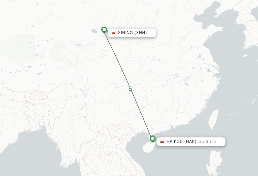 Flights from Xining to Haikou route map