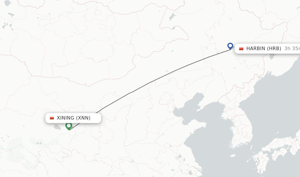 Flights from Xining to Harbin route map