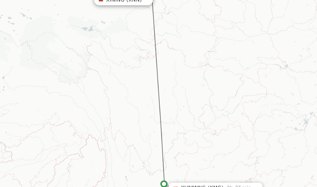 Flights from Xining to Kunming route map