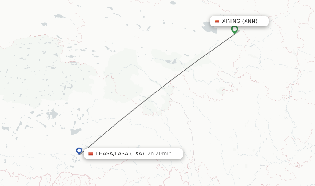 Flights from Xining to Lhasa/Lasa route map
