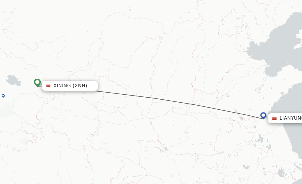 Flights from Xining to Lianyungang route map