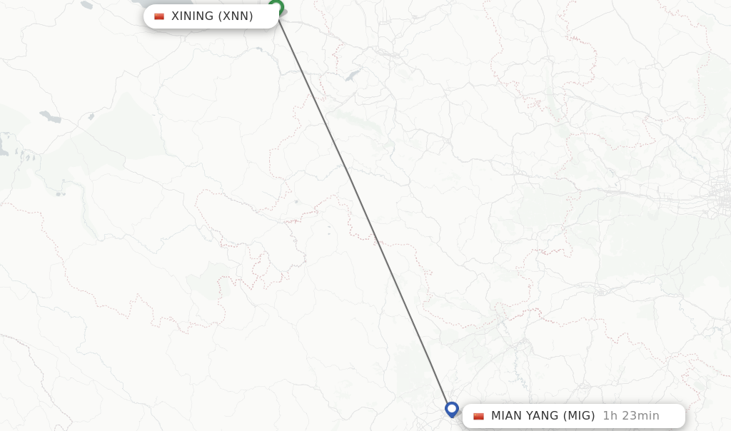 Flights from Xining to Mian Yang route map
