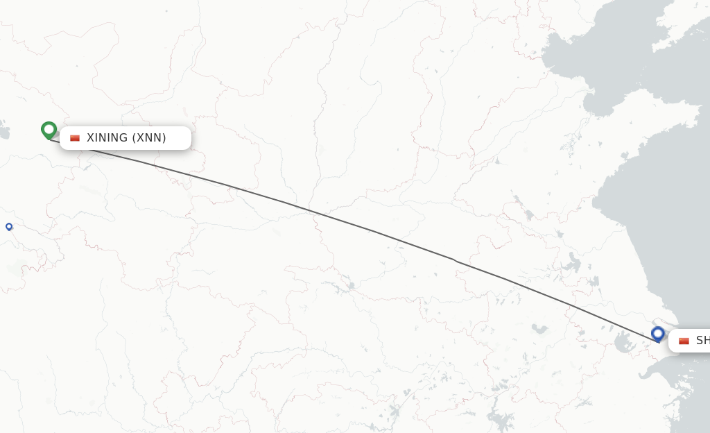 Flights from Xining to Shanghai route map
