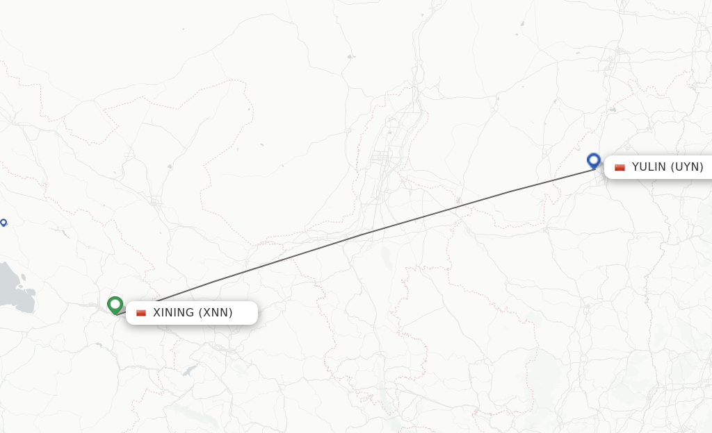 Flights from Xining to Yulin route map