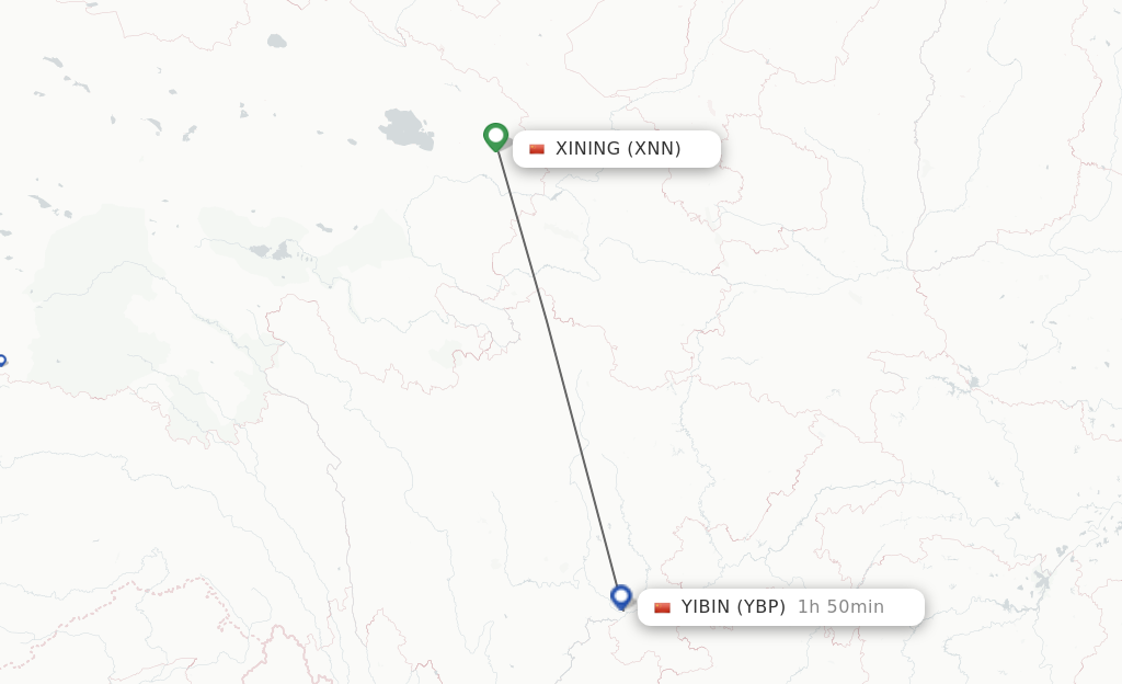Flights from Xining to Yibin route map