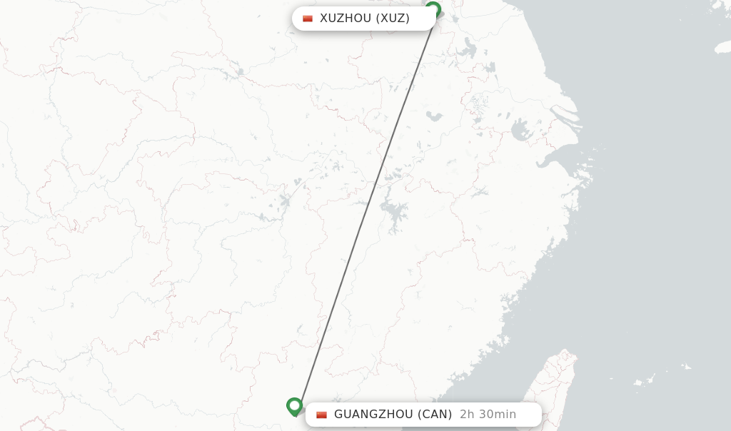 Flights from Xuzhou to Guangzhou route map