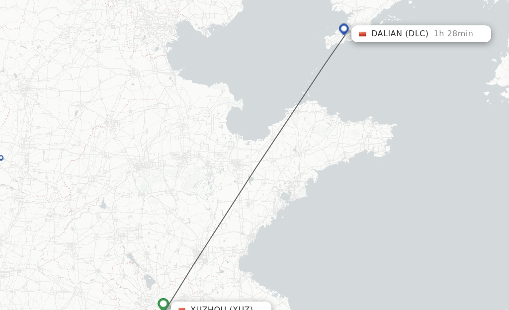 Flights from Xuzhou to Dalian route map