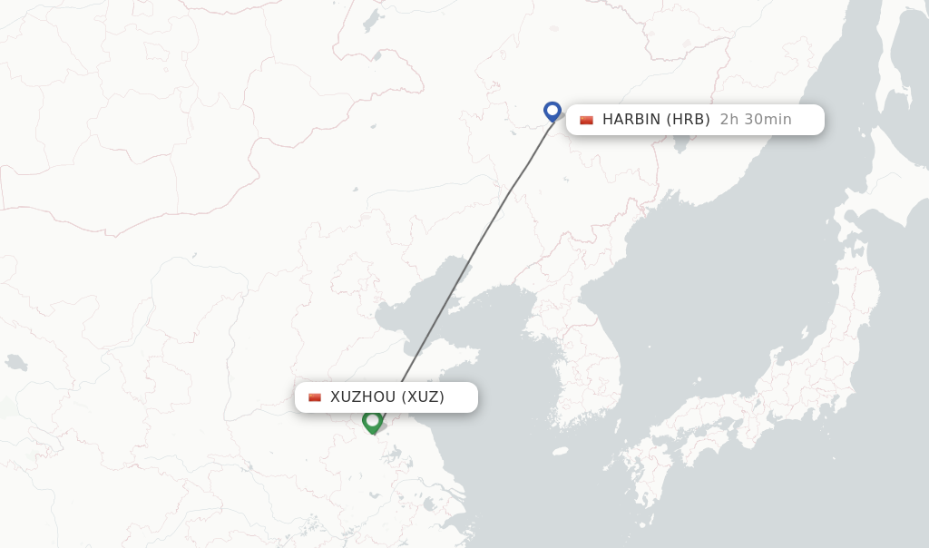 Flights from Xuzhou to Harbin route map