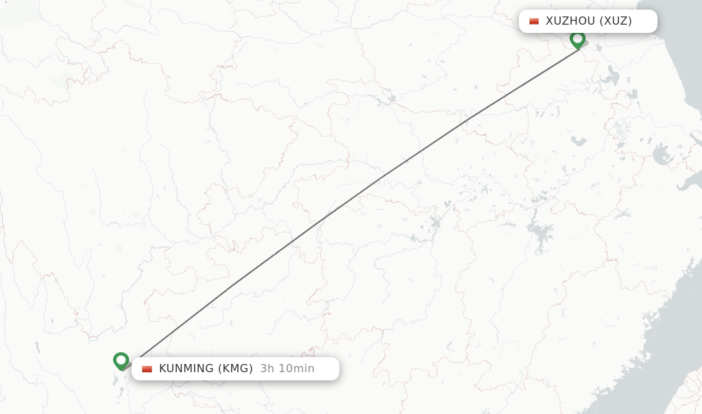 Flights from Xuzhou to Kunming route map