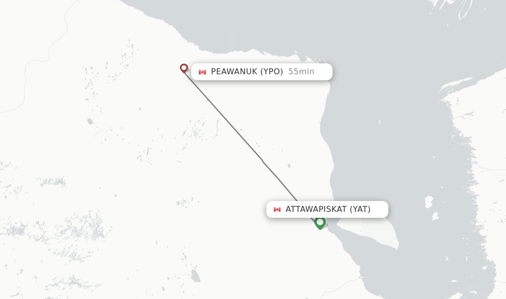 Flights from Attawapiskat to Peawanuk route map