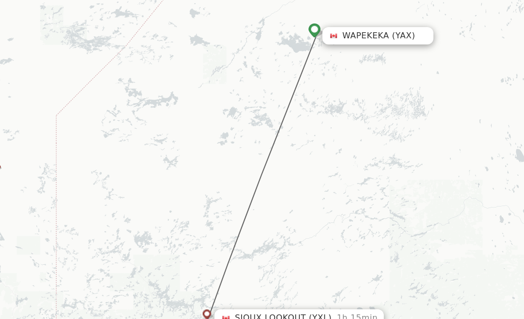 Flights from Wapekeka to Sioux Lookout route map