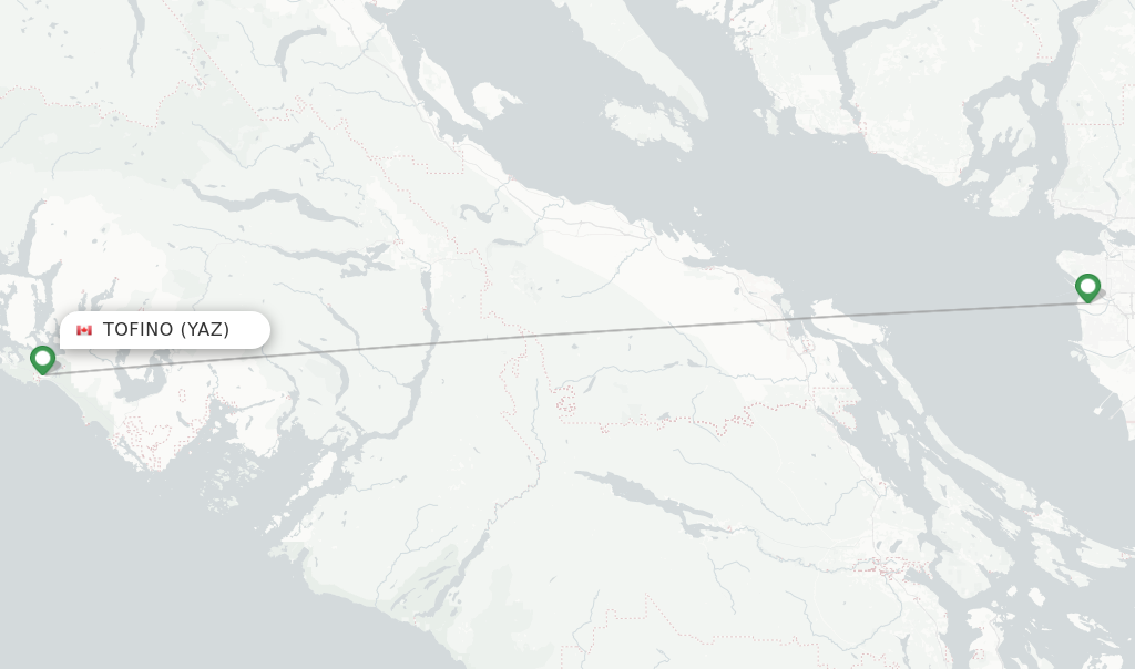 Route map with flights from Tofino with Pacific Coastal Airlines