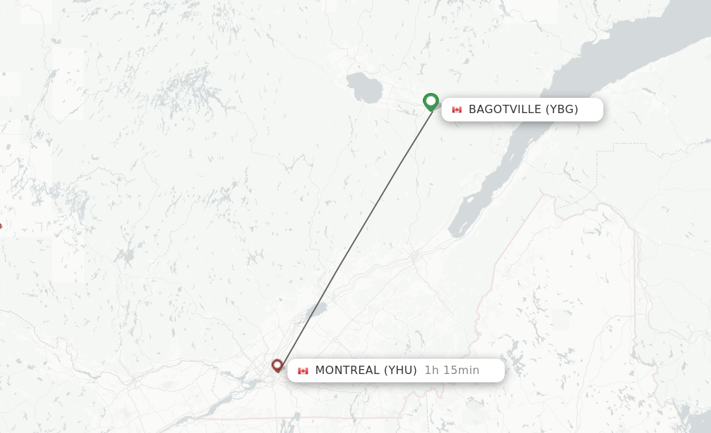 Flights from La Baie to Montreal route map