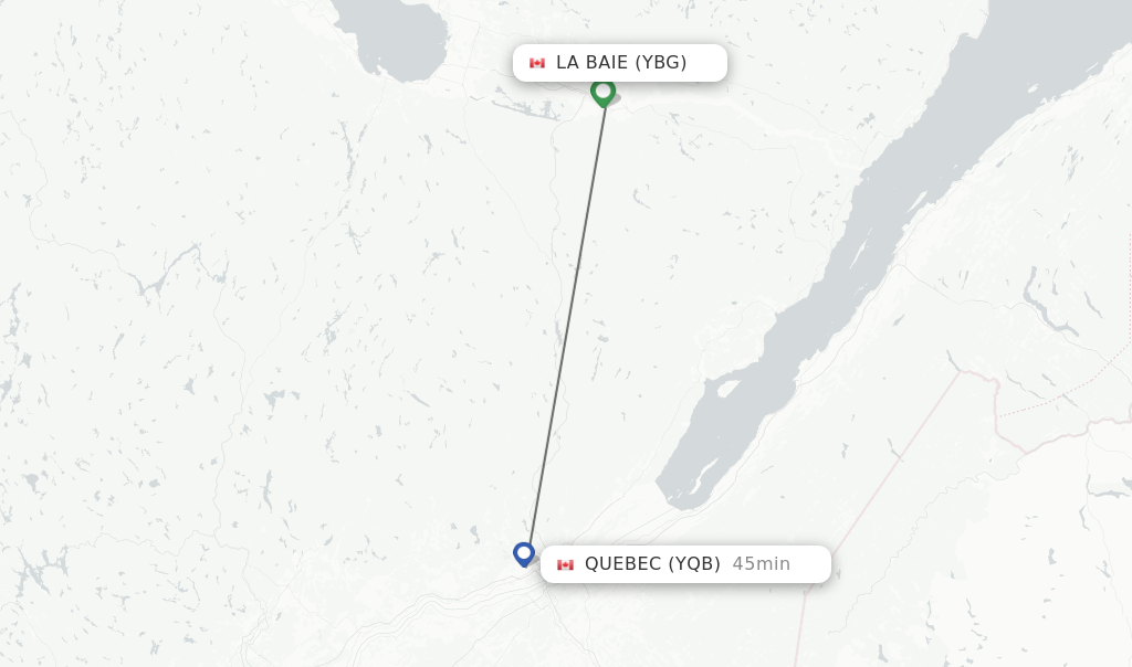 Flights from La Baie to Quebec route map