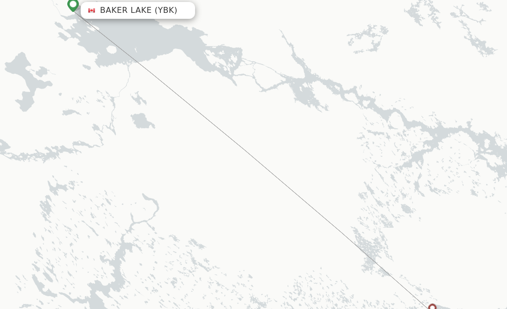 Route map with flights from Baker Lake with Calm Air International