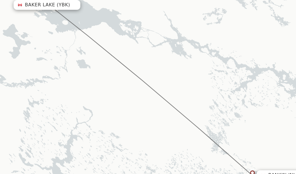 Flights from Baker Lake to Rankin Inlet route map