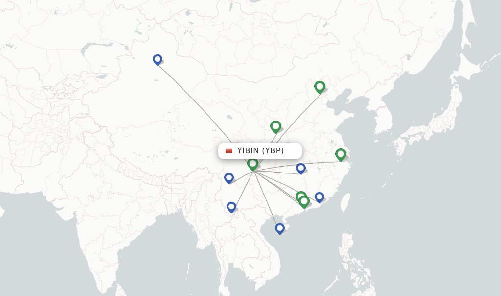 Route map with flights from Yibin with Sichuan Airlines