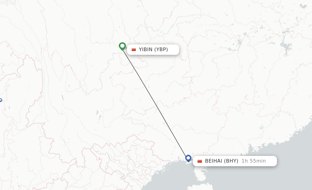 Flights from Yibin to Beihai route map