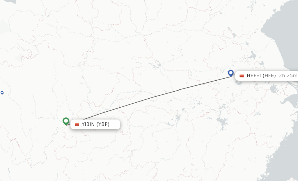 Flights from Yibin to Hefei route map