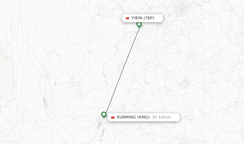 Flights from Yibin to Kunming route map