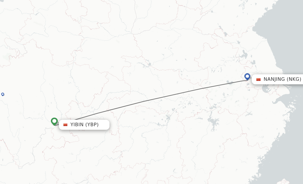Flights from Yibin to Nanjing route map