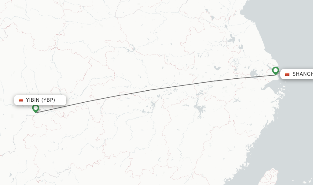 Flights from Yibin to Shanghai route map