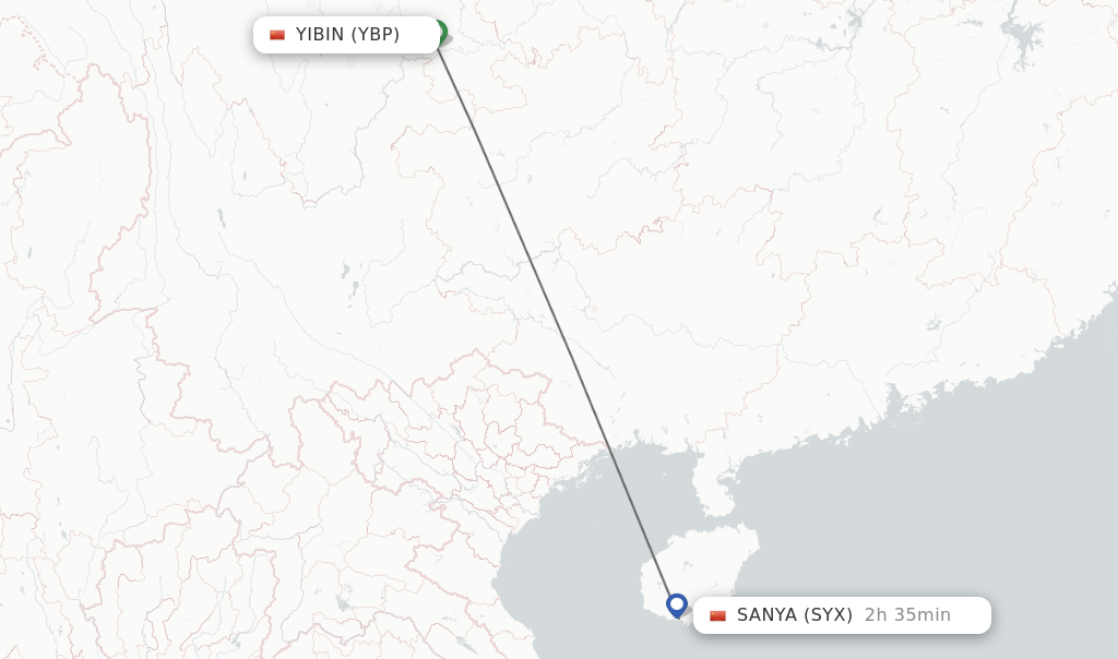 Flights from Yibin to Sanya route map