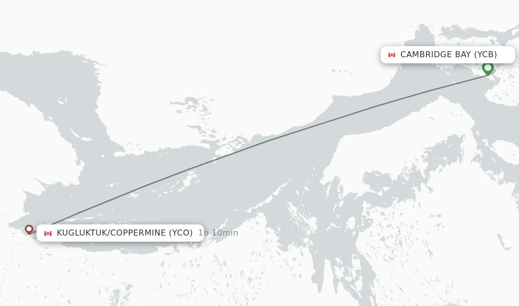 Flights from Cambridge Bay to Kugluktuk/Coppermine route map