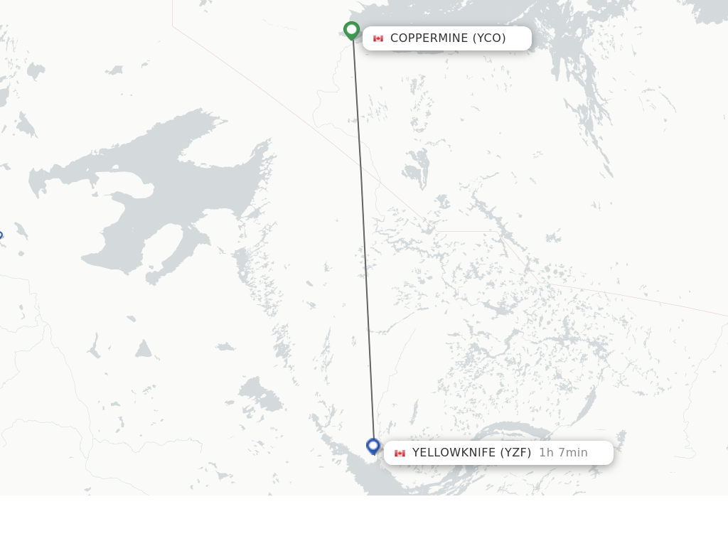 Flights from Kugluktuk/Coppermine to Yellowknife route map