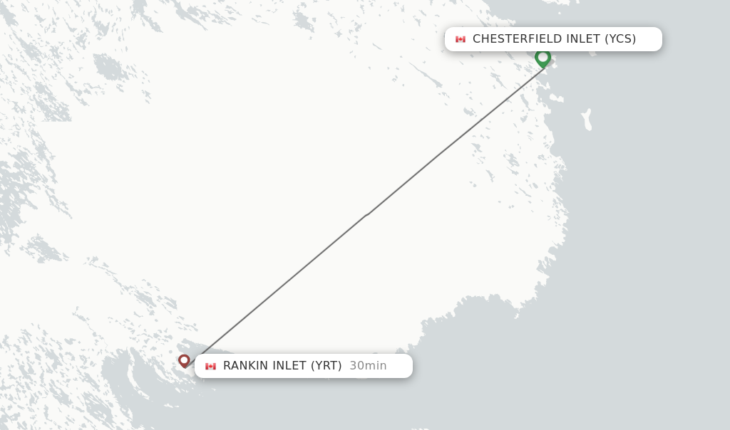 Flights from Chesterfield Inlet to Rankin Inlet route map