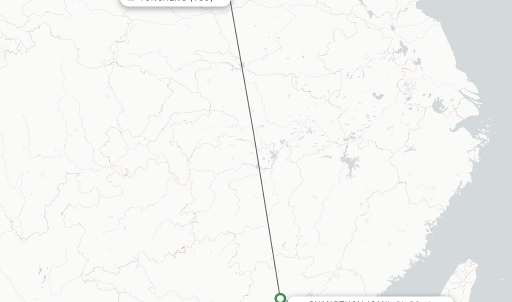 Flights from Yuncheng to Guangzhou route map