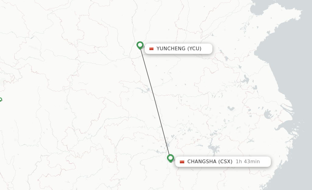 Flights from Yuncheng to Changsha route map