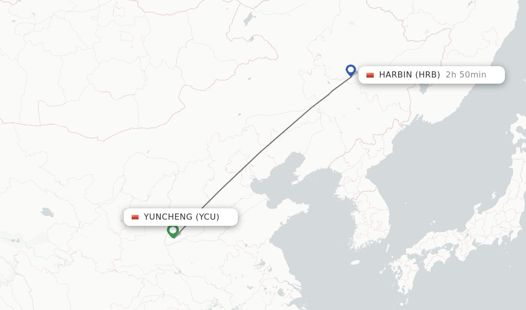 Flights from Yuncheng to Harbin route map