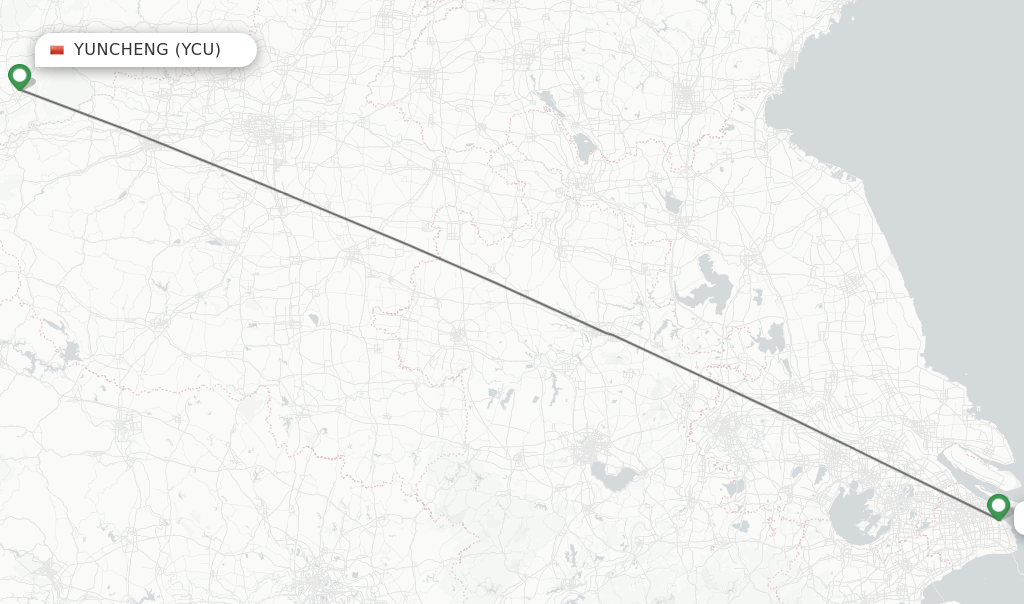 Flights from Yuncheng to Shanghai route map