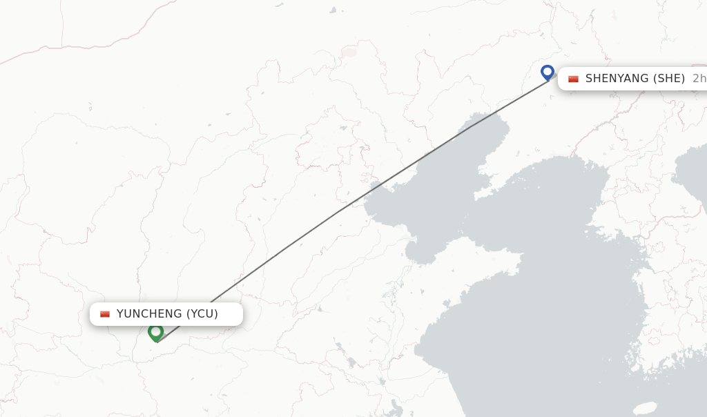 Flights from Yuncheng to Shenyang route map