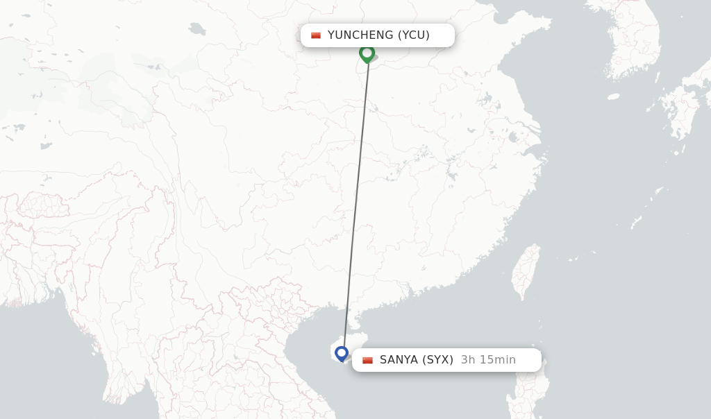 Flights from Yuncheng to Sanya route map