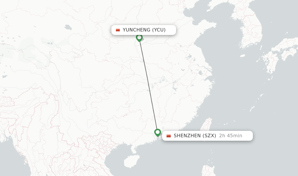 Flights from Yuncheng to Shenzhen route map