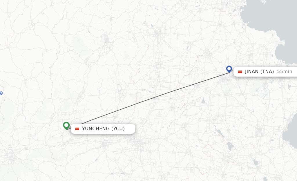 Flights from Yuncheng to Jinan route map
