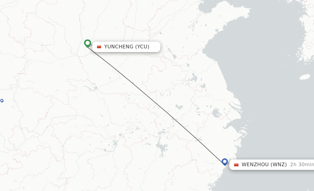 Flights from Yuncheng to Wenzhou route map