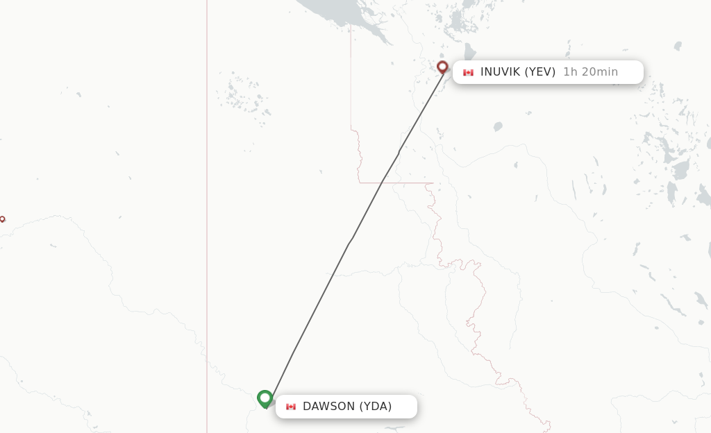 Flights from Dawson City to Inuvik route map