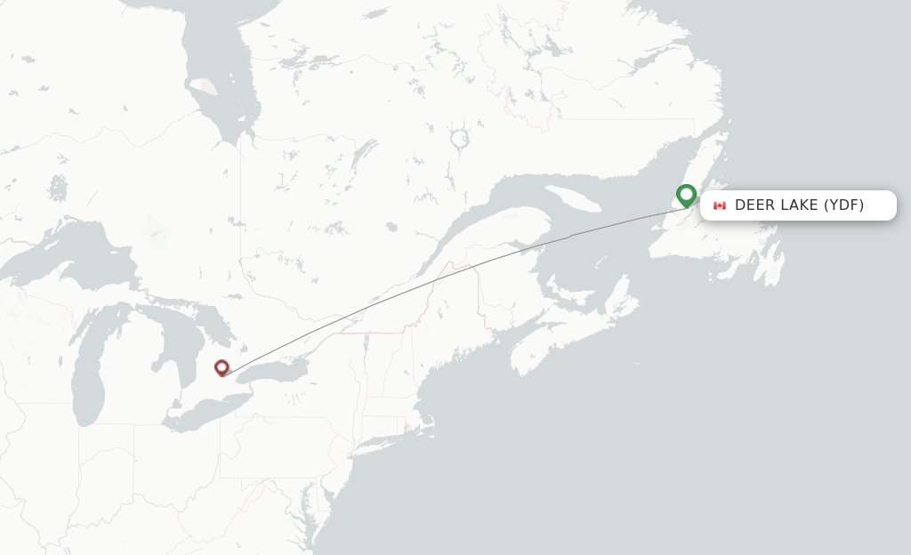 Route map with flights from Deer Lake with Flair Airlines