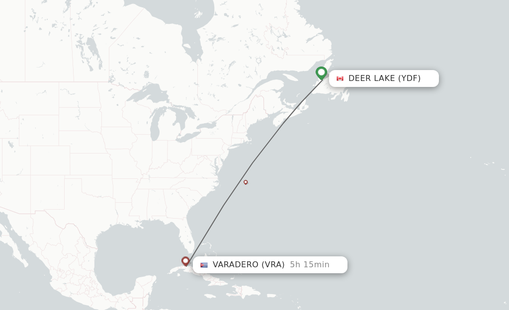 Flights from Deer Lake to Varadero route map
