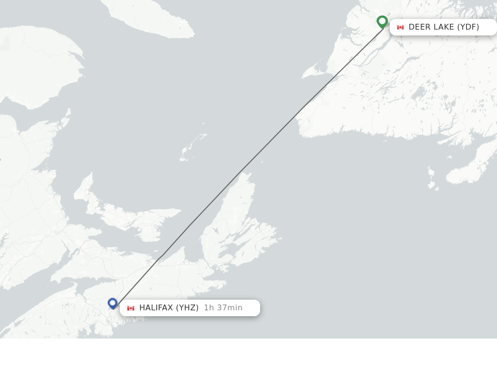 Flights from Deer Lake to Halifax route map