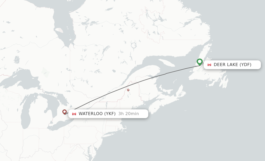 Flights from Deer Lake to Kitchener route map