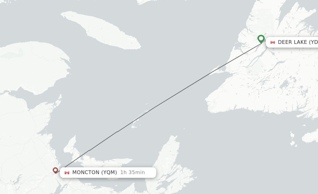Flights from Deer Lake to Moncton route map