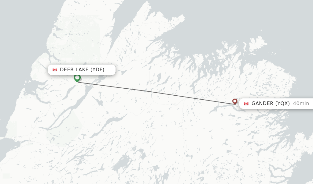 Flights from Deer Lake to Gander route map